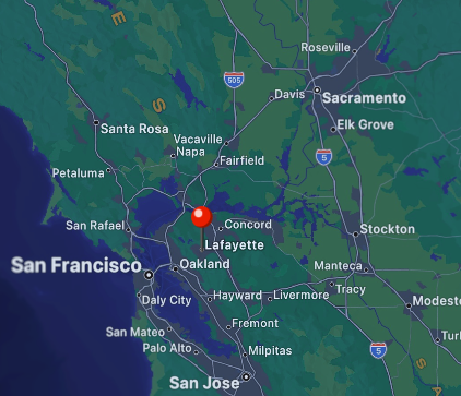 Map showing the San Francisco Bay Area, with a red marker highlighting the location of Lafayette, California, in relation to nearby cities such as Oakland, San Francisco, and San Jose